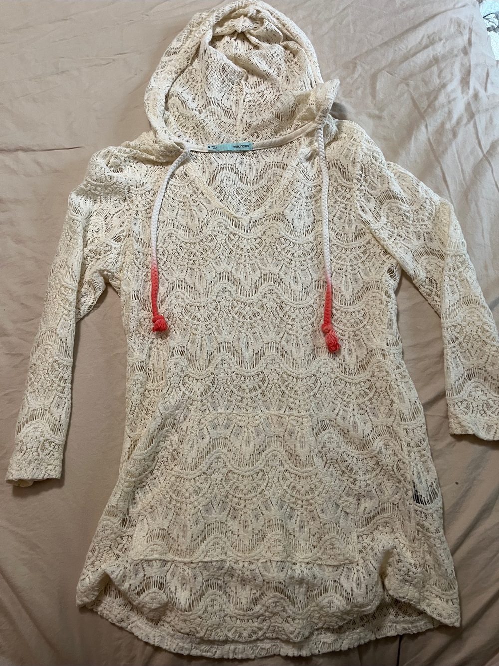 Maurices Cream Crochet Hooded Swim Cover-Up with Coral Drawstrings